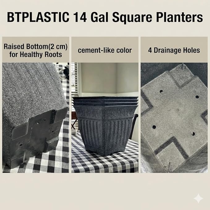 18'' Large Square Planter for Plants - 4 Pack Imitation Cement Plastic Flower Pots with Drainage Holes & 2cm Raised Base, 14 Gal Decorative Stone Like Garden Pot, Retro Plant Container