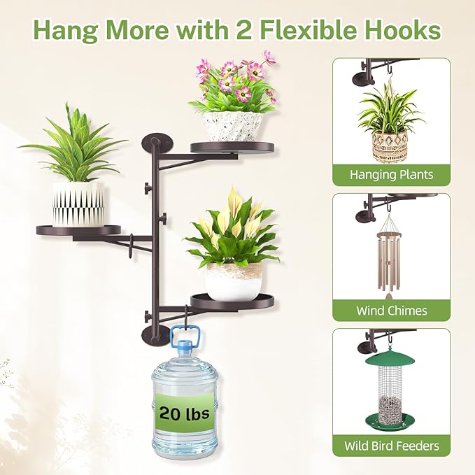 iDavosic.ly Rotating Window Plant Shelves, 3-Tier Metal Wall Stand with 2 Hooks, Flower Display Holder Rack for Living Room, Space Saving, Bronze (Pots/Chains/Plants Not Included)