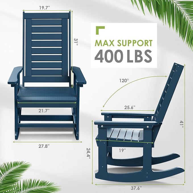 GREENVINES Outdoor Rocking Chairs | Set of 2 | Porch Rocker | HDPE Plastic | Blue | Oversized Rockers | High Back | Big & Tall | Ladder Back | for Patio Outside Backyard Balcony Garden