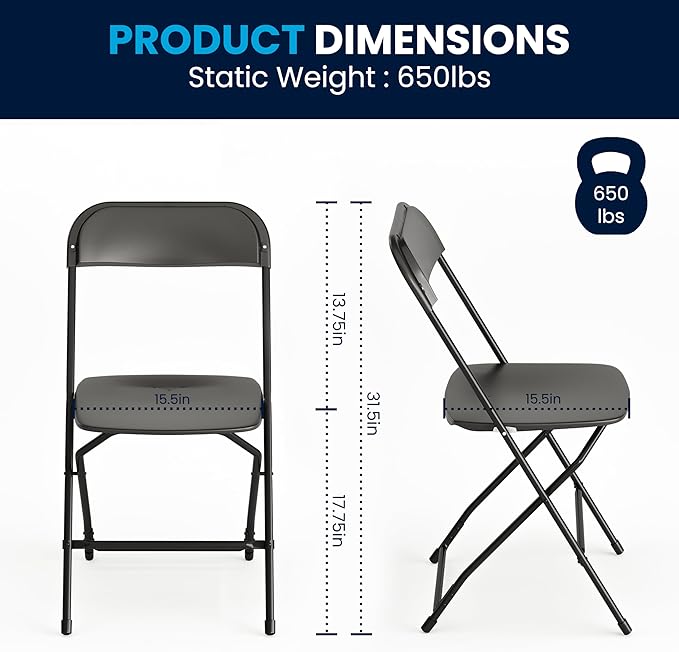 Flash Furniture Hercules Set of 10 Indoor/Outdoor Heavy-Duty Plastic Folding Chairs, Foldable Commercial Stacking Chairs with 650-lb. Static Weight Capacity, Black
