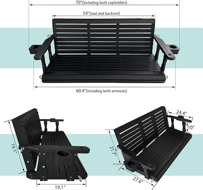 Wooden Porch Swing 3-Seater, High Backrest and Deep Seat, Bench Swing with Cupholders, Hanging Chains and 7mm Springs, Heavy Duty 880 LBS, for Outdoor Patio Garden (Carbon Black, 5 FT Extra Large)