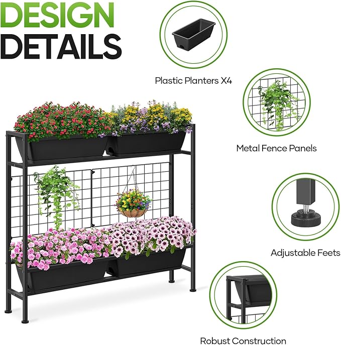 CADUKE Raised Garden Bed, Garden Raised Planter Box with Legs, 32" Elevated Vegetable Garden Beds with Drainage Holes & Trellis, Herb Garden Planter Outdoor for Vegetables, Balcony, Patio, Black