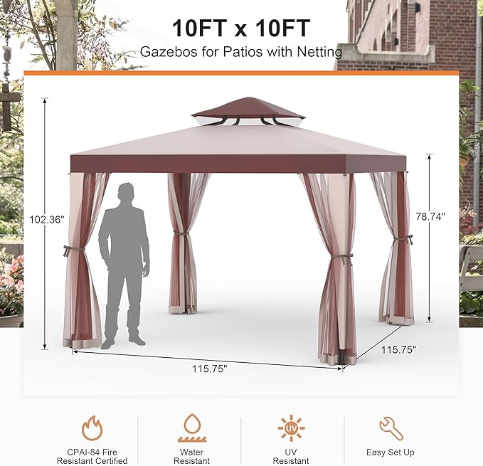 Patio Gazebo Tent Outdoor Canopy Shelter 10'x10' with Removable Netting,100 Square Feet of Shade for Garden, Backyard Deck and Lawns (Red)