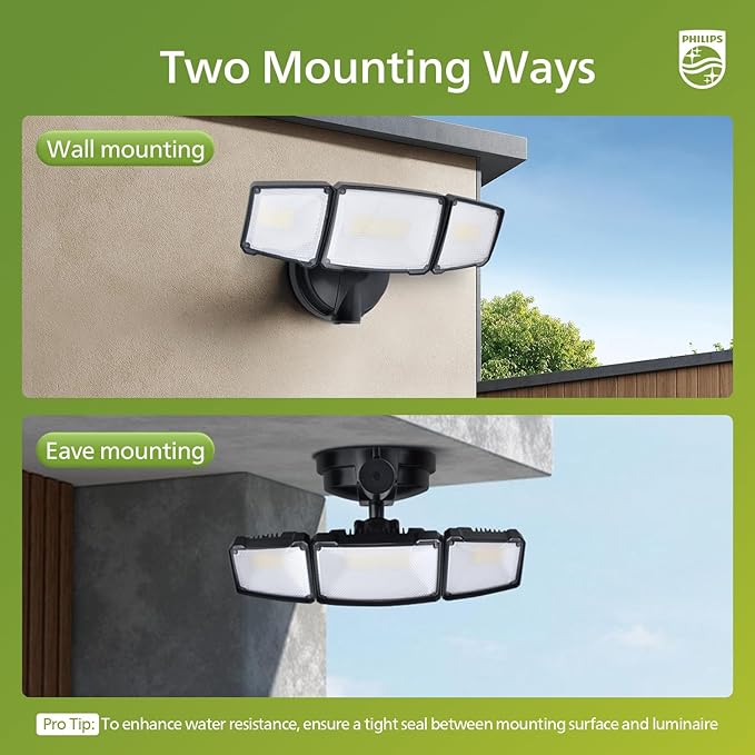 Philips 72W 7400LM LED Flood Lights Outdoor, Switch Controlled Aluminum Security Lights, 3 Adjustable Heads, Wall Mount, 5000K Daylight, Waterproof for Yard, Garage