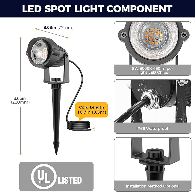 L LOHAS LED 5W Low Voltage Landscape Lighting, Christmas Outdoor Spot Lights with Connectors, 12V 24V IP66 Waterproof 3000K Warm White Plug in Spotlights for Yard, Garden, Pathway, House (12 Pack)