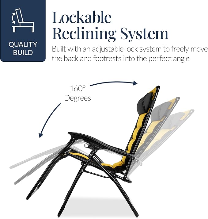 Best Choice Products Oversized Padded Zero Gravity Chair, Folding Outdoor Patio Recliner, XL Anti Gravity Lounger for Backyard w/Headrest, Cup Holder, Side Tray, Polyester Mesh - Black/Yellow