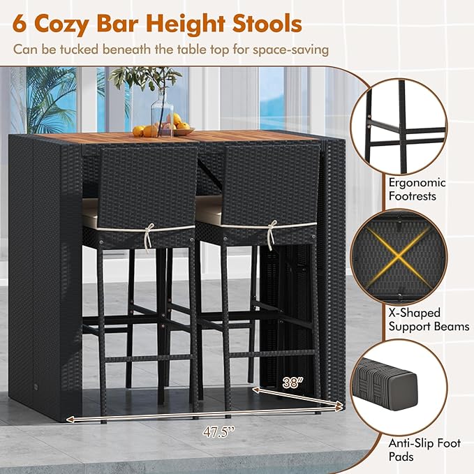 COSTWAY 5 Piece Patio Bar Set, Outdoor Rattan Wicker Bar Table and 30'' High Top Chairs Set with Acacia Wood Tabletop and Cushions for Poolside, Backyard