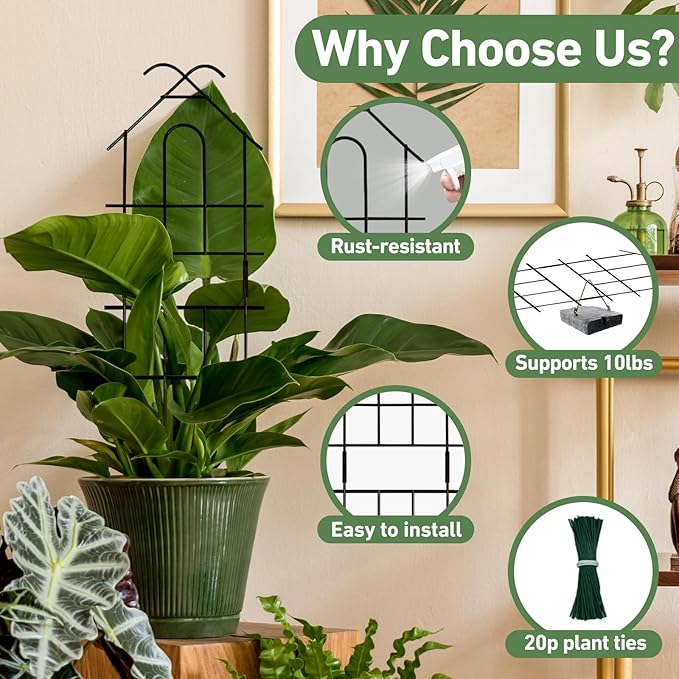 23in Plant Trellis for Potted Plants, Expandable Metal Garden Trellis for Climbing Plants with Ties, Plant Supports for Indoor Plants Hoya Pothos Ivy, 4P