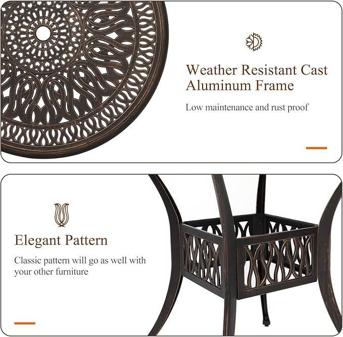 VINGLI 35.4' Dia Patio Dining Table with Umbrella Hole, Cast Aluminum Bistro Table for Outdoor Garden Use (35.4' Dia x 29.5' H)