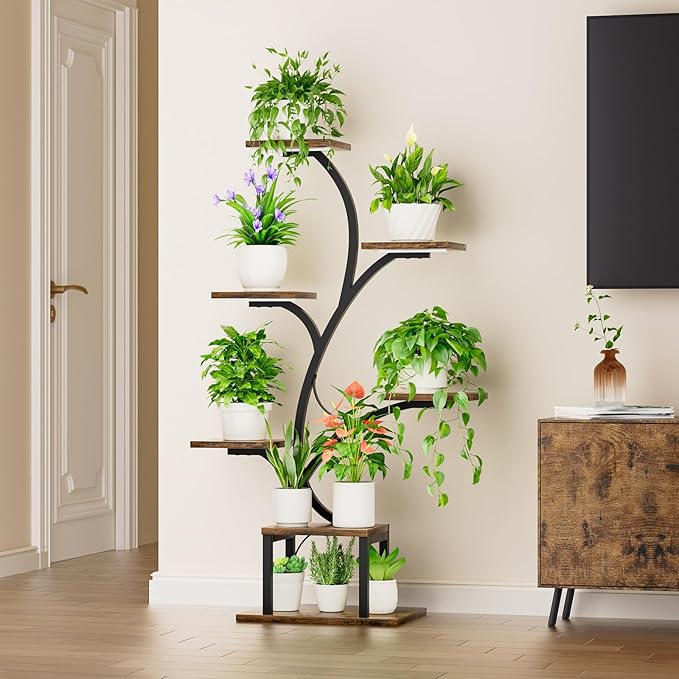 Plant Stand Indoor with Grow Lights, 7 Tiered Indoor Plant Shelf, 49" Corner Plant Stands for Indoor Plants, Metal Plant Flower Display Shelf, Tree-Shaped Plant Rack for Home, Patio, Brown