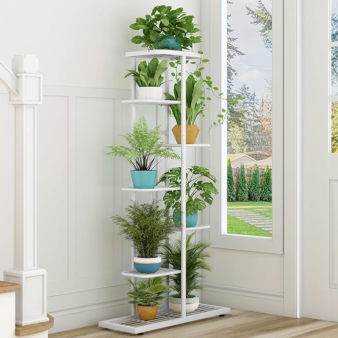 LINZINAR Plant Stand Metal 7 Tier 8 Potted Multiple Flower Pot Holder Shelf Indoor Outdoor Planter Display Shelving Unit for Patio Garden Corner Balcony Living Room, White