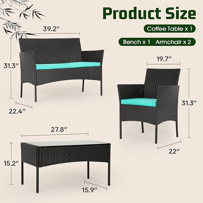 FDW | 4-Piece Patio Furniture Set | Blue | Outdoor Wicker Furniture with Coffee Table | Modern Rattan Chairs Conversation Set | Outdoor Seating | Weather-Resistant | for Porch, Garden, Lawn