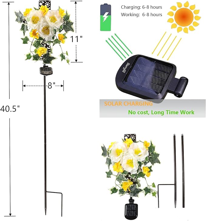 Starryfill Solar Memorial Cross Lights with 3 Flowers, LED Grave Maker, Waterproof Cemetery, 40.5 Inch High Remembrance Sympathy Gifts for Loved Ones