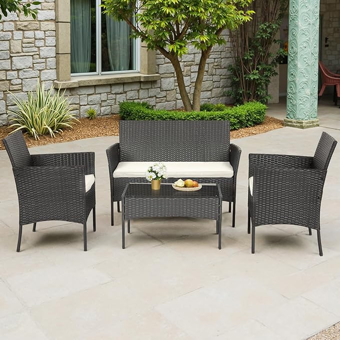 FDW | 4-Piece Patio Furniture Set | Black | Outdoor Wicker Furniture with Coffee Table | Modern Rattan Chairs Conversation Set | Outdoor Seating | Weather-Resistant | for Porch, Garden, Lawn