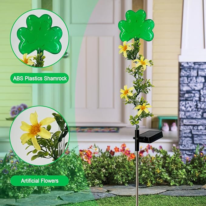 ST Patrick's Day Decorations Outdoor,2 Pack Shamrock Solar Lights Outdoor,Solar Powered Green Fairy Lights Holiday Decorations for Yard,Lawn,Garden Stkae