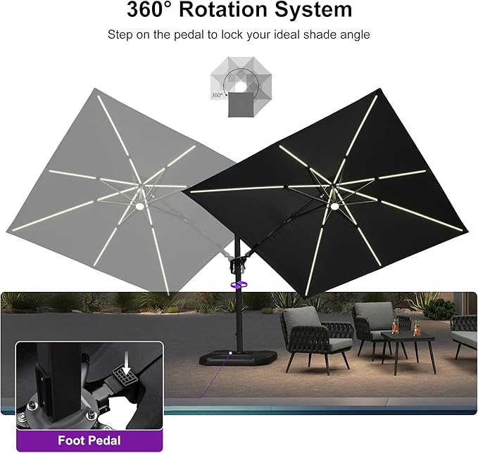PURPLE LEAF 10 Feet Patio Umbrella with Base Outdoor Cantilever Solar Powered LED Swivel Square Umbrella Aluminum Offset Umbrella with 360-degree Rotation for Garden Deck Pool Patio, Grey