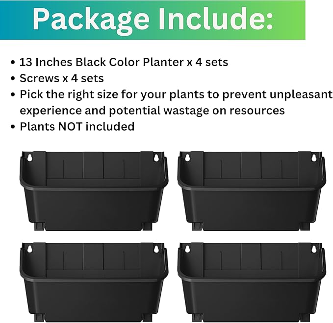 Maxona Black Color Vertical Garden Planter - 4 Pack, 13 inch Wall Mounted Planter for Patio Outdoor Decor, Home Plastic Pot Balcony Plant Vegetable Fruit Herb Hanging Pocket Holder Flowerpot