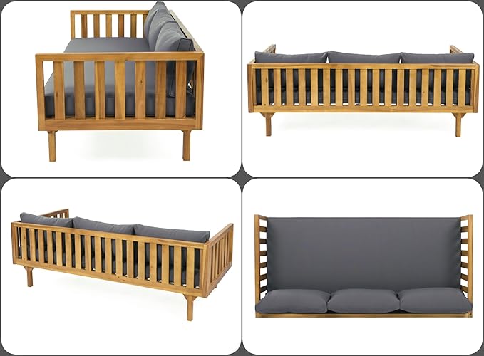 Merax Outdoor 3 Seater Daybed, Acacia Wood Day Bed Couch Sofa with Cushions for Patio Backyard, Garden, Dark Grey + Brown