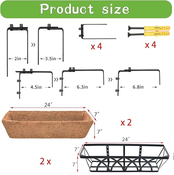 Window Deck Railing Planters Boxes with Coconut Liner, The Bottom Flat Window Boxes Planter Flower Boxes Metal Black Balcony Planters Railing Hanging for Outdoor Fence Porch Patio Lawn(2Pcs 24 Inch)