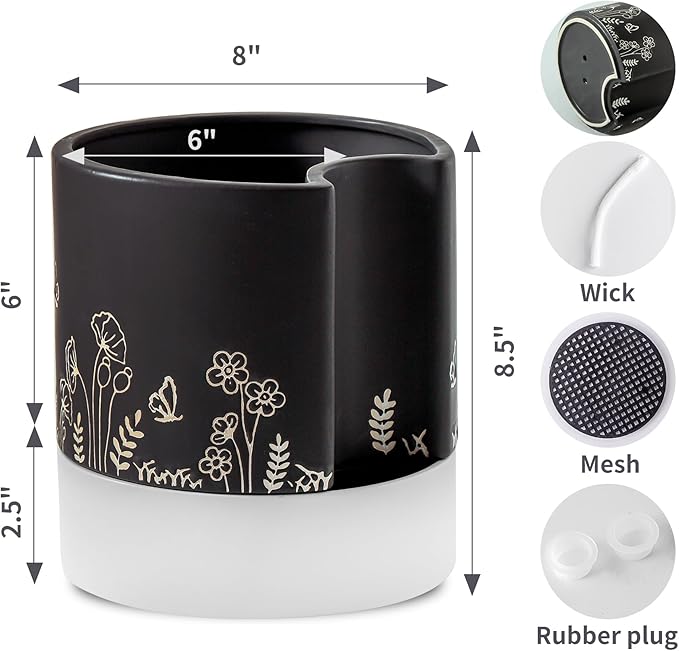 Nihow Self Watering Plant Pot: 8 Inch Ceramic Planter with Drainage Hole & Water Storage Plus for Indoor & Outdoor Plants - Cylinder Round Flower Pot for Succulent/Herbs/Violets - Black