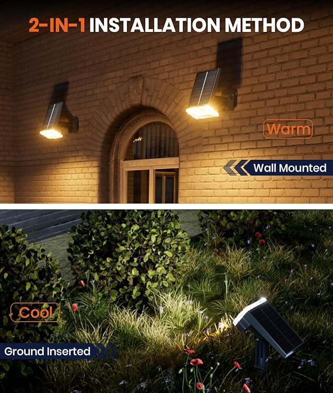 Solar Spotlights Outdoor Waterproof IP67,4 Pack Adjustable Wall&Ground Solar Lights Powered with 3 Colors, 3 Modes, Dusk to Dawn for Pathway/Garden/Yard/Patio/Driveway/Landscape Lighting Outside Décor