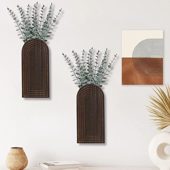 2 Pack Wooden Wall Vase Set - Dark Brown Finish Modern Farmhouse & Boho Wall Decor for Entryway, Hallway, Bathroom, Living Room, Dining Room, Narrow Spaces