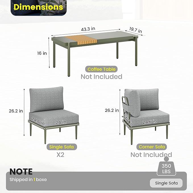Sundale Outdoor 2 Pieces Patio Sofa Set, Metal Outdoor Sectional Loveseat with 6 Inch Olefin Cushion, All-Weather Modern Patio Chair Sets for Porch, Balcony