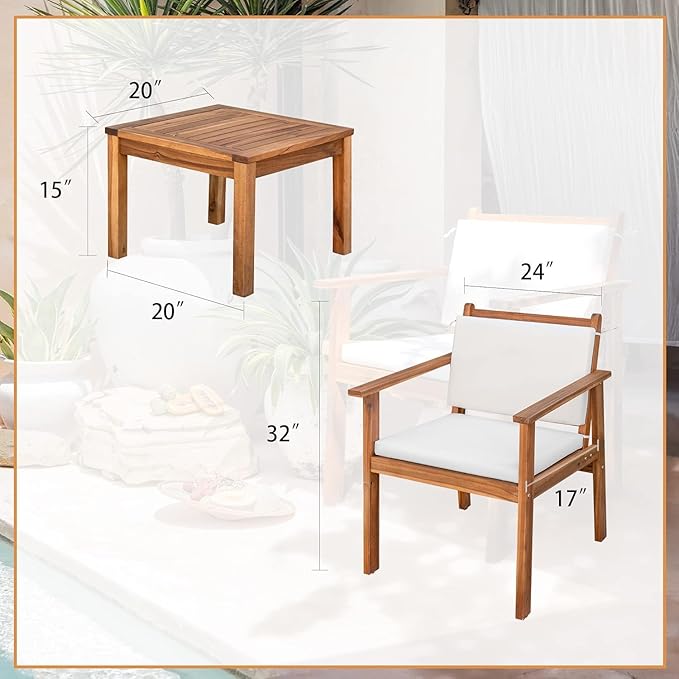 Devoko Patio Set 3 Piece Acacia Wood Outdoor Furniture Conversation Seat with Table & Cushions Porch Chairs for Balcony, Deck, Backyard