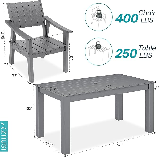 ZHUSI Patio Table and Chairs Set, Outdoor Table and Chairs,HDPE Outdoor Dining Set with Umbrella Hole for Backyard, Poolside, Porch 6 Armchairs