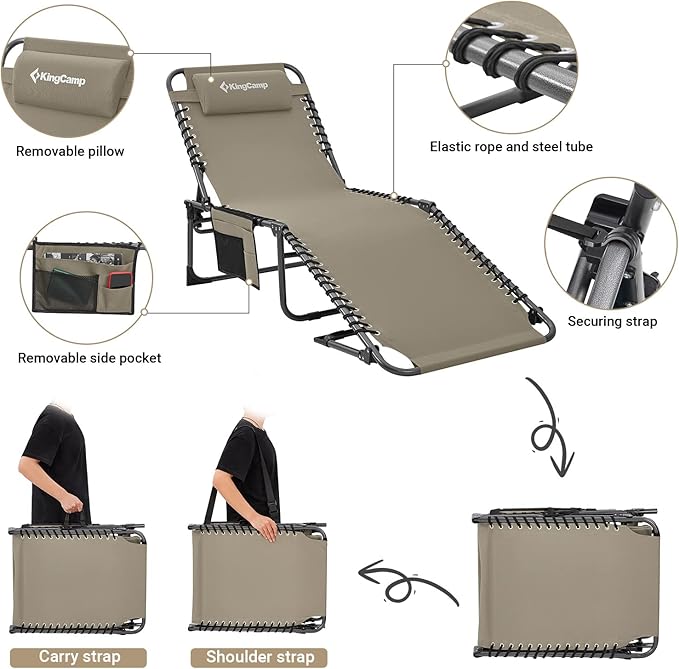 KingCamp Lounge Chair Outdoor, Folding Portable Tanning Chairs Comfy Adjustable 5-Position Lay Flat Foldable Chaise Chaser Lounger with Pillow for Outside Beach Patio Sun Bathing Pool, Beige
