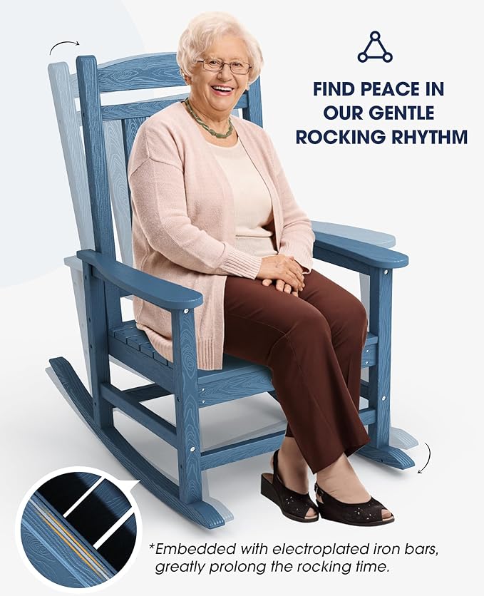 KINGYES HDPE Rocking Chairs Outdoor, Patio Rocking Chairs with 330lbs Support, Smooth Porch Rocker for Deck Lawn Yard, Navy