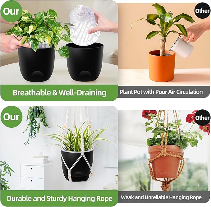 2-Pack 7.1-Inch Self-Watering Hanging Planters for Indoor & Outdoor Plants,34Inch Macrame Hanger Plant Pots Indoor with Drainage,Small Hanging Planters & Baskets,With Two Sets of Hooks（Pure black）