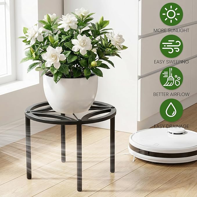 TOSKING Heavy Duty Metal Plant Stand for Indoor Outdoor, 10.2" Rustproof Wrought Iron Potted Plant Holder with 4 Adjustable Feet, Modern Geometric Pattern Round Rack for Drink Dispenser, Black