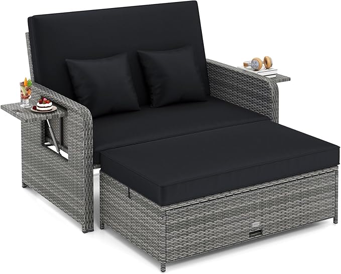 Tangkula Patio Rattan Daybed with 4-Level Adjustable Backrest, Outdoor PE Wicker Loveseat with Storage Ottoman & Folding Side Table, Double Sunbed for Balcony, Backyard & Poolside, Black & Grey