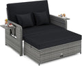 Tangkula Patio Rattan Daybed with 4-Level Adjustable Backrest, Outdoor PE Wicker Loveseat with Storage Ottoman & Folding Side Table, Double Sunbed for Balcony, Backyard & Poolside, Black & Grey
