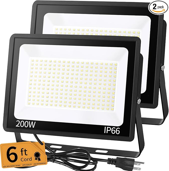 200W LED Flood Light Outdoor with 6ft Plug, 24000LM Brighter Exterior Security Lights, 5000K Daylight LED Work Light, IP66 Waterproof for Yard, Garage, Stadium, Lawn, 2 Pack