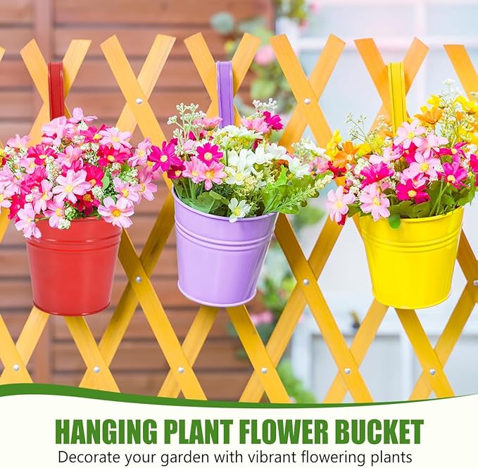 OBTANIM 12 Pack Metal Hanging Flower Pots Railing Planter Outdoor Fence Hanging Bucket Plant Holder with Detachable Hooks Drain Holes for Home Garden Yard Decor (Yellow Purple Red, 4 x 4 Inch)
