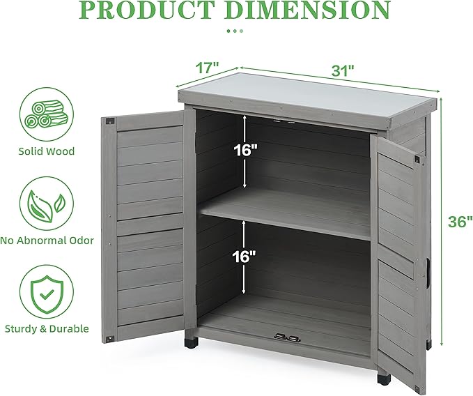 Outdoor Potting Bench with Storage Cabinet and Metal Top, Wood Workstation for Outdoor Patio, Garden (Dark Grey, 31x17x36‘’)