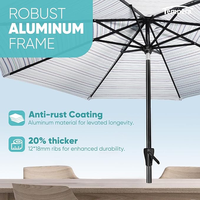 Tempera Patio Market Outdoor Table Umbrella with Auto Tilt and Crank, Large Sun Umbrella with Sturdy Pole & Fade Resistant Canopy, Easy to Set
