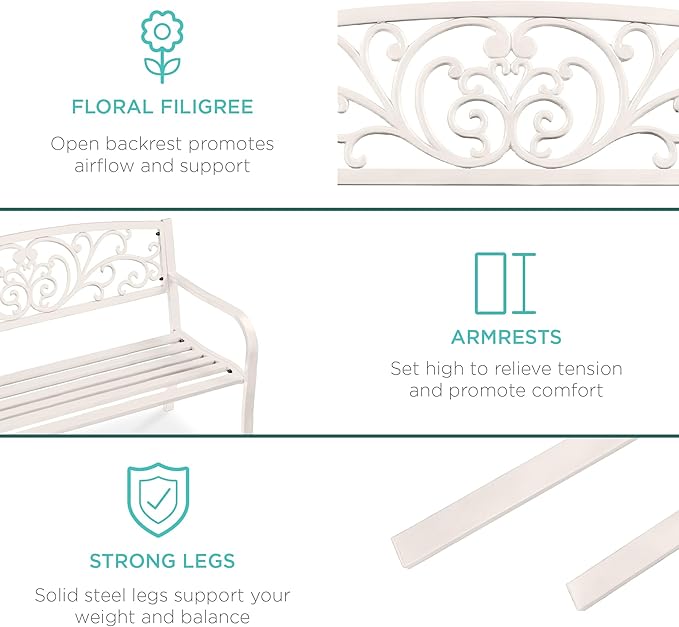 Best Choice Products Outdoor Bench Steel Garden Patio Porch Furniture for Lawn, Park, Deck w/Floral Design Backrest, Slatted Seat - White