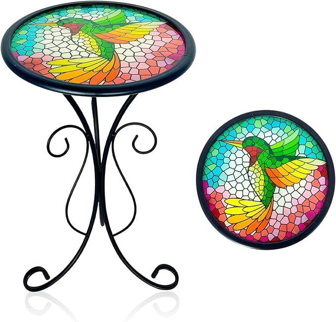 LIFFY Outdoor Side Table, 12" Glass Hummingbird Tabletop Patio Tables with Metal Frame, 21" Height Indoor Small Round Home Decorative Plant Stand Outside for Garden Patio Yard Porch