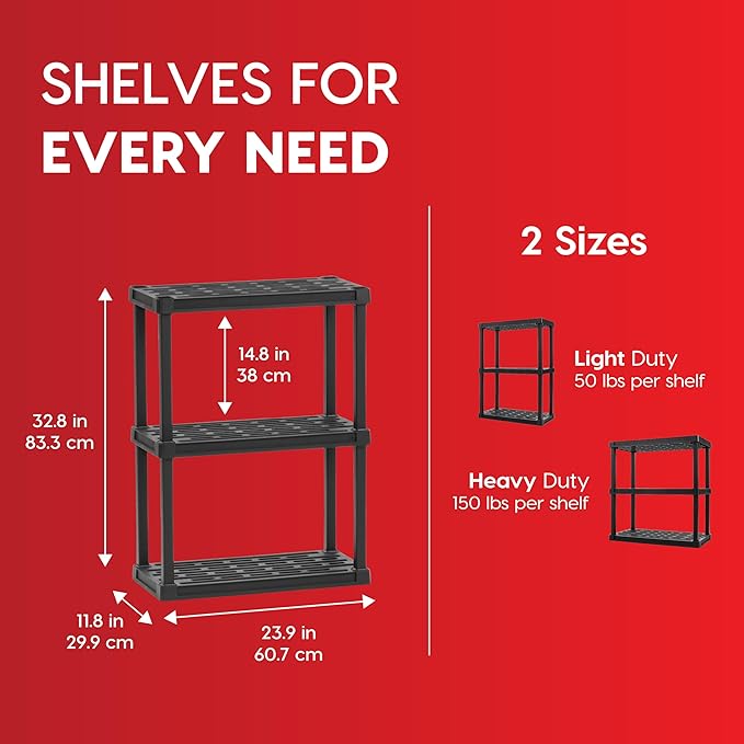 IRIS USA 3-Shelf Light Duty Plastic Storage Shelves, 150lb Capacity, 33" H x 24" W x 12" D, Medium Modular Shelving Unit Storage Organizer for Bathroom, Laundry, Garage & Home, Storage Rack - Black