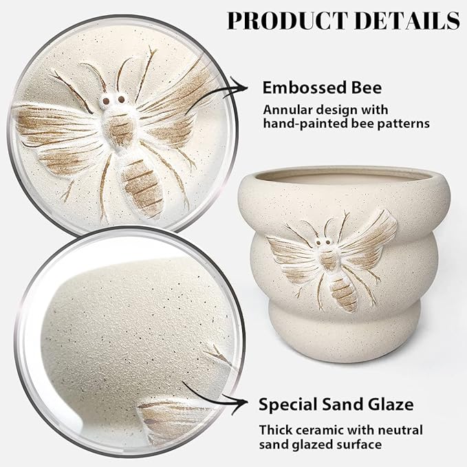 Terracotta Pots with Drainage Holes Bee Decor, Ceramic Pots for Indoor Plants Flower Pots Outdoor, Succulent, Herbs, Snake Plants (Beige, 8+6 Inch)