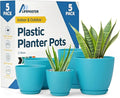 Blue Plant Pots with Drainage Holes & Saucers 5 Pack, Indoor & Outdoor Stackable Space-Saving Planters for Houseplants & Flowers, (7", 6.7", 6", 5.3", and 4.8" Inches), Durable & Weatherproof