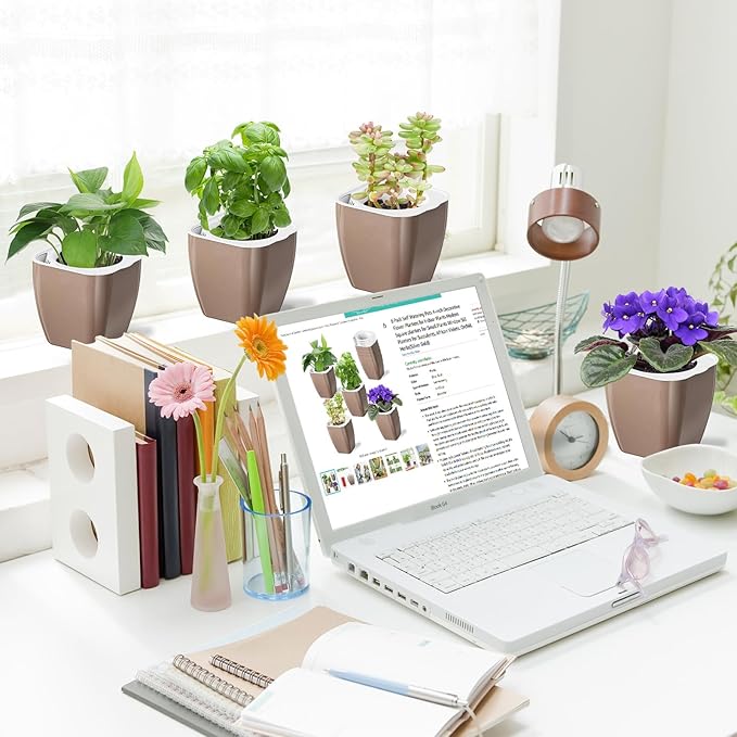 4 Pack Self Watering Pots 4-inch Decorative Flower Planters for Indoor Plants Modern Square planters for Small Plants Window Sill Planters for Succulents, African Violets, Herbs(Sliver Gold)