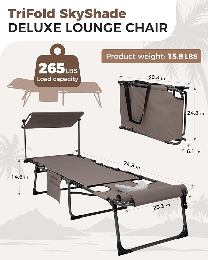 KingCamp Tanning Chair with Face Hole, Lounge Chairs Outdoor Folding Comfy Adjustable 5-Position Foldable Chaise Chaser with Canopy Shade for Outside Beach Patio Sun Bathing, Beige