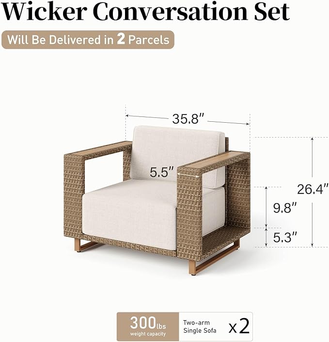 2 Pieces Patio Furniture Set,Outdoor Rattan Wicker Armchairs with 10''Ultra-Thick Cushions,All Weather Patio Conversation Set for Lawn Garden Backyard,Beige