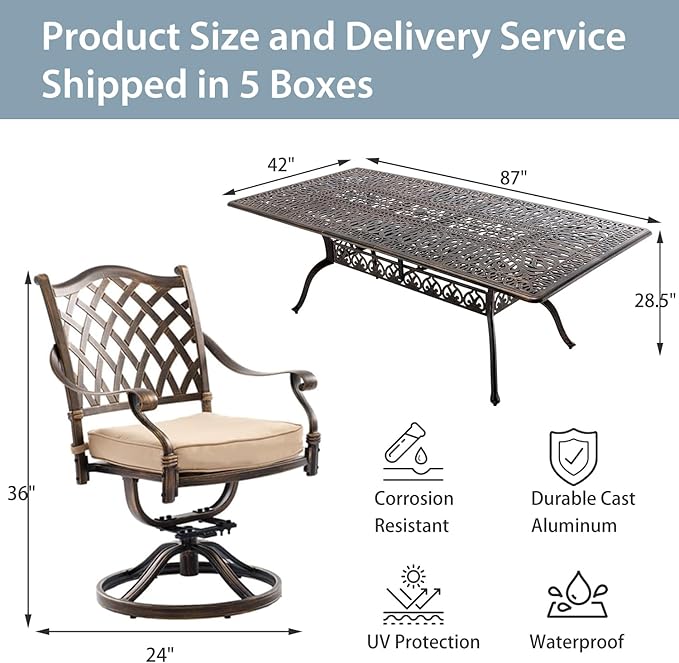 9-Piece Cast Aluminum Patio Furniture, Outdoor Dining Sets for 8 Include 87" Rectangular Patio Dining Table and 8 Swivel Chairs with Cushions & Umbrella Hole(Bronze)
