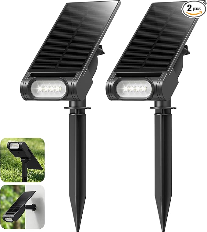 EZVALO Solar Spot Lights Outdoor IP67 Waterproof, Adjustable Solar Landscape Lights, 3 Lighting Modes Solar Spotlights for Outside Yard Garden Plant Trees Pathway Flag (Cool White-2Pack)