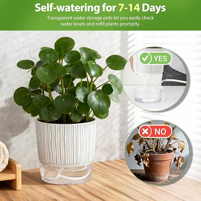 3 Pack Self Watering Pots Set, 4 Inch Self Watering Pots for Indoor Plants, Planter Pot with Wick Rope and Reservoir for African Violet, Spider Plant, Orchid